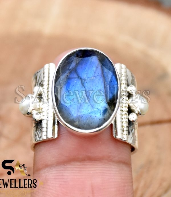 Natural Labradorite Ring, 925 Sterling Silver Ring, Pearl Ring, Gift For Women's