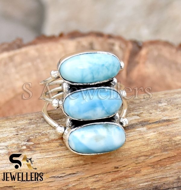 Natural Larimar Ring, 925 Sterling Silver Ring, Triple Gemstone Ring