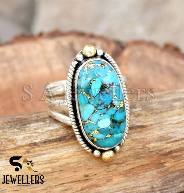 Blue Copper Turquoise Ring, Brass Ball Ring, 925 Sterling Silver, Two Tone Ring