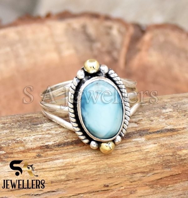 Natural Larimar Ring, 925 Sterling Silver Ring, Brass Ball Ring, Tow Tone Ring