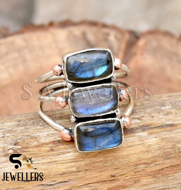 Natural Labradorite Ring, 925 Sterling Silver Ring, Two Tone Ring, Copper Ball Ring