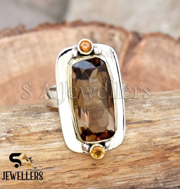 Smokey Quartz & Citrine Ring, Modern Design Ring, 925 Sterling Silver, Two Tone Ring,