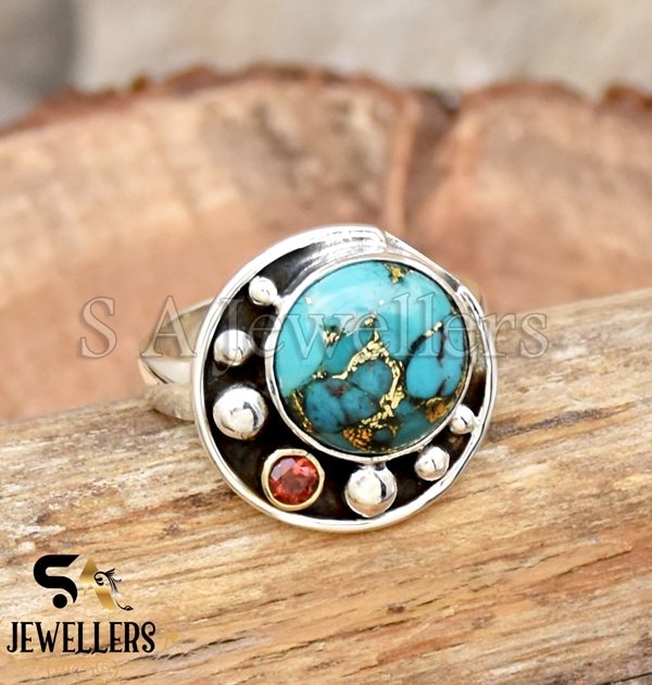 Blue Copper Turquoise Ring, 925 Sterling Silver, Two Tone Ring,
