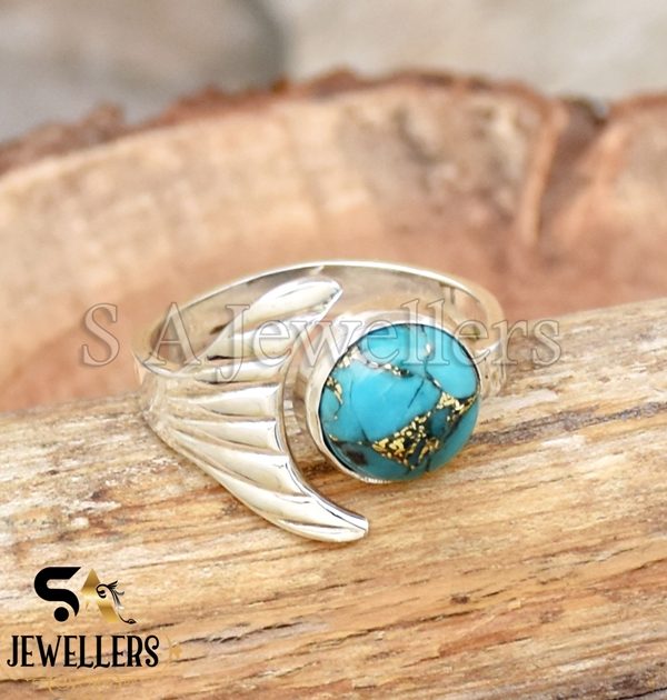 Blue Copper Turquoise Ring, Fish Designer Ring, 925 Sterling Silver,