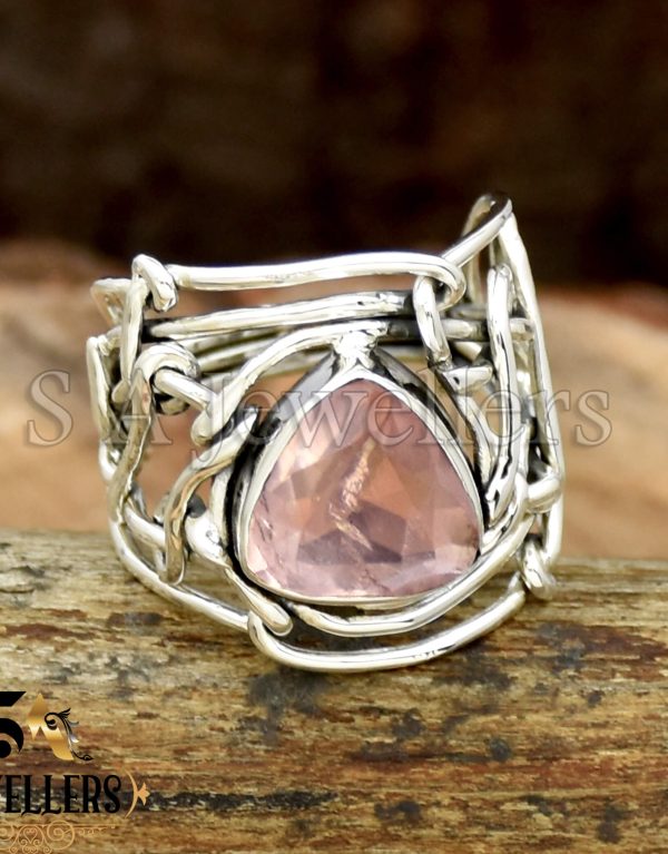 Natural Rose Quartz Ring, Wire Wrap Ring, 925 Sterling Silver Ring