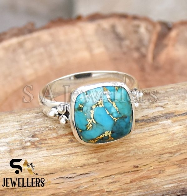 Blue Copper Turquoise Ring, Silver Ball Ring, 925 Sterling Silver