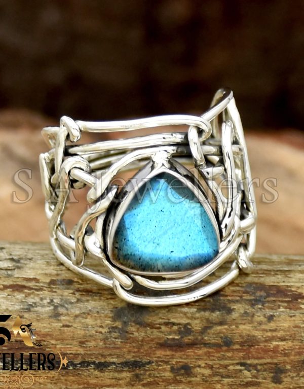 Natural Blue Labradorite Ring, Wire Ring, 925 Sterling Silver Ring.