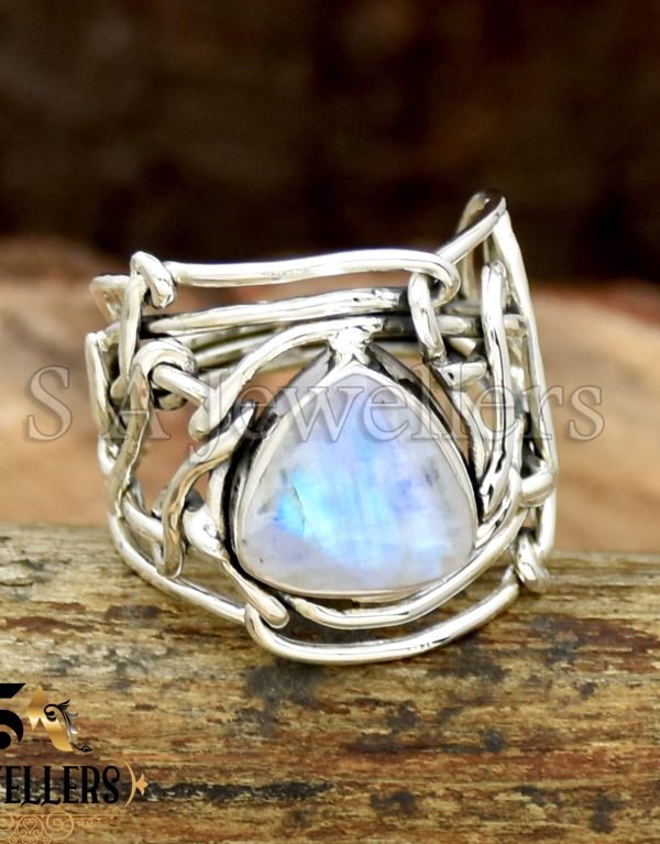 Natural Rainbow Moonstone Ring, Wire Ring, 925 Sterling Silver Ring