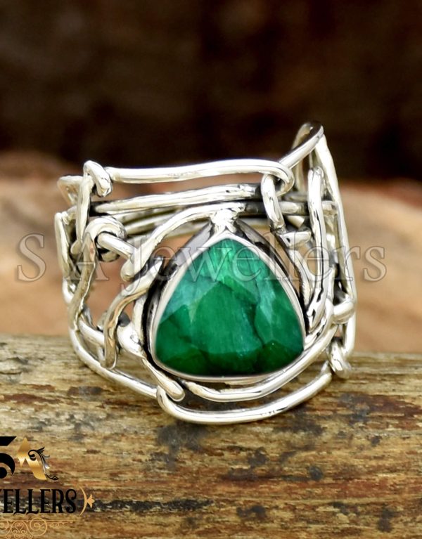 Indian Emerald Ring, 925 Sterling Silver Ring, Wire Wrap Ring