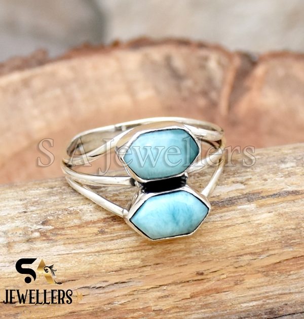 Natural Larimar Ring, 925 Sterling Silver Ring, Double Stone Ring, Women's Ring,