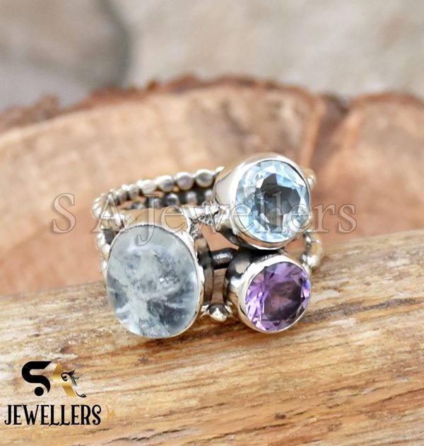 Aquamarine Ring, Amethyst & Blue Topaz Ring, 925 Sterling Silver,