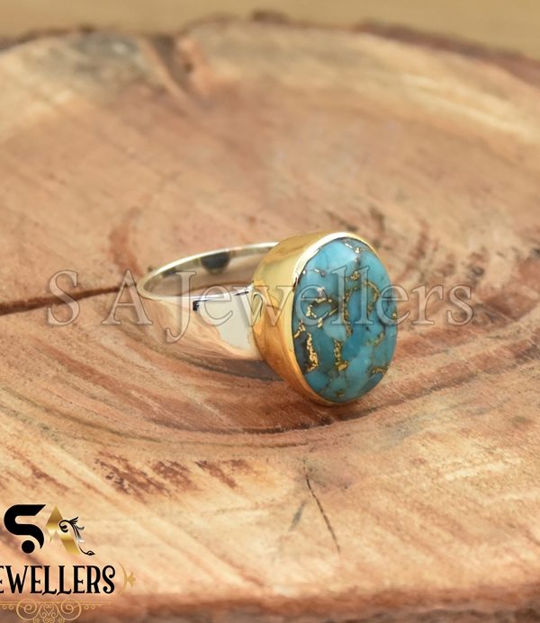 Blue Copper Turquoise Ring, 925 Sterling Silver Ring, Tow Tone Ring