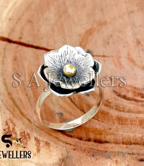 Flower 925 Sterling Silver Ring, Tow Tone Ring, Handmade Jewelry