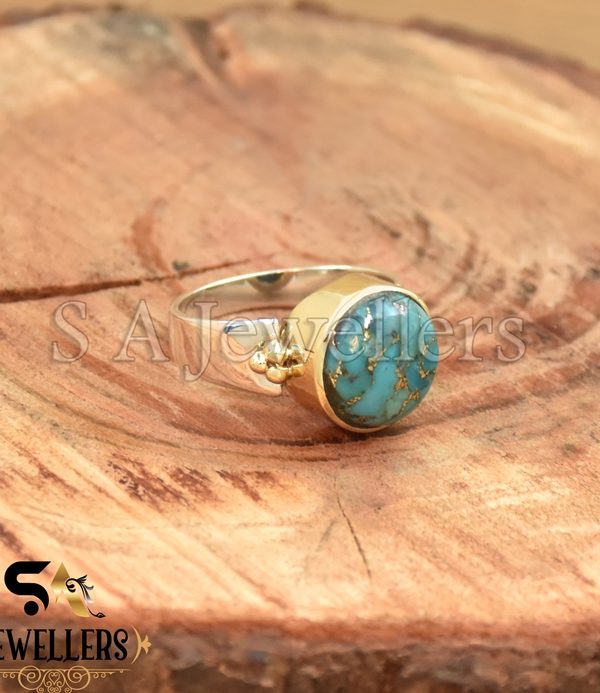 Blue Copper Turquoise Ring, 925 Sterling Silver Ring, Tow Tone Ring