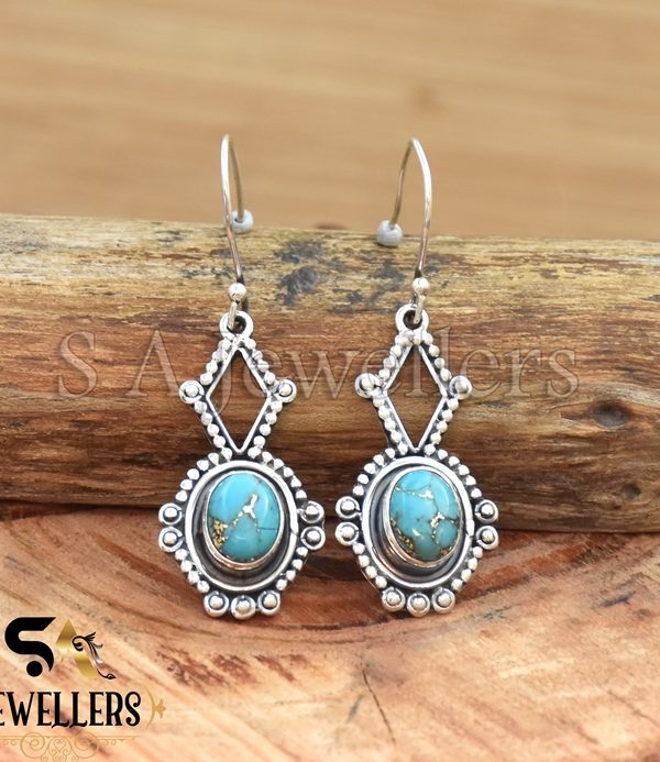 Blue Copper Turquoise Earring, 925 Sterling Silver Earring, Handmade Jewelry