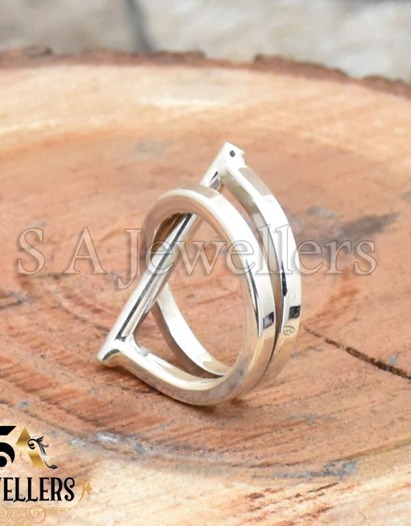 925 Sterling Silver Geometric Crossover Ring, Bar and Circle Crossover Ring