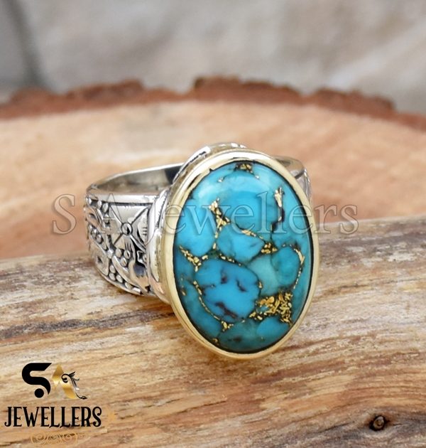 Blue Copper Turquoise Ring, 925 Sterling Silver Ring, Tow Tone Ring