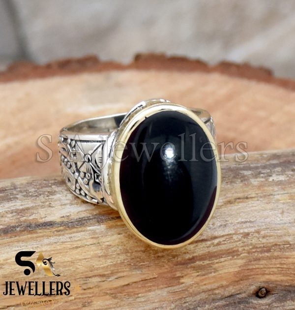 Natural Black Onyx Ring, 925 Sterling Silver Ring, Tow Tone Ring