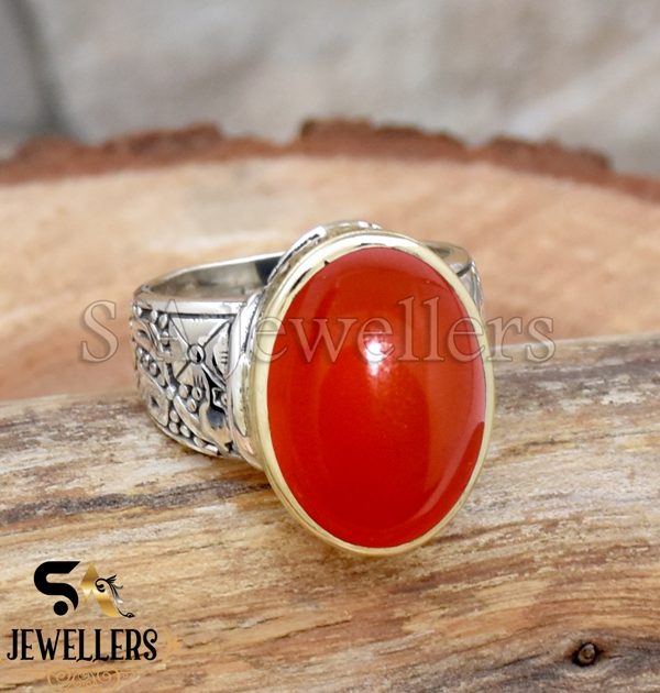 Natural Carnelian Ring, 925 Sterling Silver Ring, Tow Tone Ring