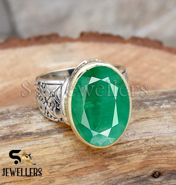 Indian Emerald Faceted Ring, 925 Sterling Silver Ring, Tow Tone Ring
