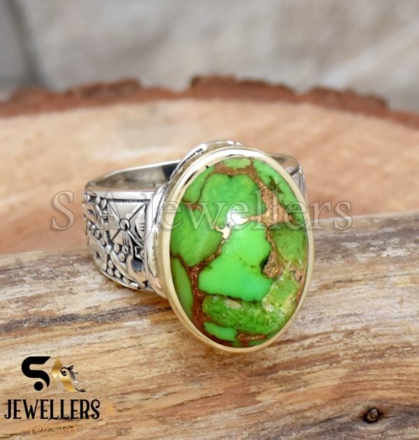 Green Copper Turquoise Ring, 925 Sterling Silver Ring, Tow Tone Ring