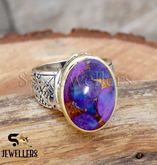 Purple Copper Turquoise Ring, 925 Sterling Silver Ring, Tow Tone Ring