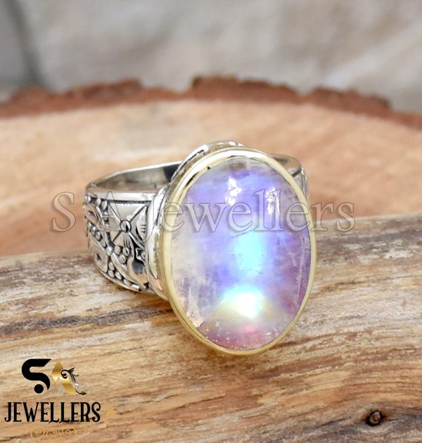 Natural Rainbow Moonstone Ring, 925 Sterling Silver Ring, Tow Tone Ring