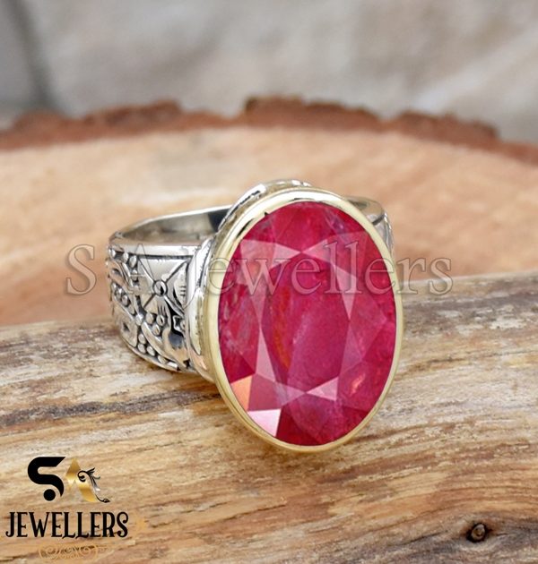 Indian Ruby Faceted Ring, 925 Sterling Silver Ring, Tow Tone Ring