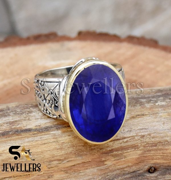 Indian Sapphire Faceted Ring, 925 Sterling Silver Ring, Tow Tone Ring