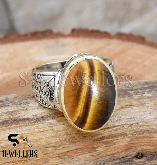 Natural Tiger Eye Ring, 925 Sterling Silver Ring, Tow Tone Ring