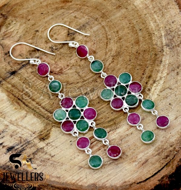 Indian Ruby & Emerald Earrings, 925 Sterling Silver, Dangle Drop Earring