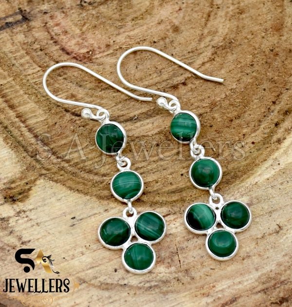 Natural Malachite Earrings, Dangle Drop Silver Earring, 925 Sterling Silver