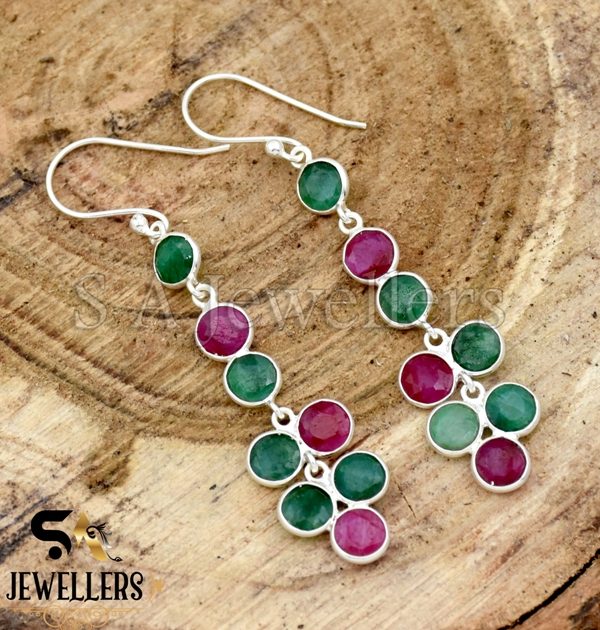 Indian Ruby & Emerald Earrings, Dangle Drop Earring, 925 Sterling Silver