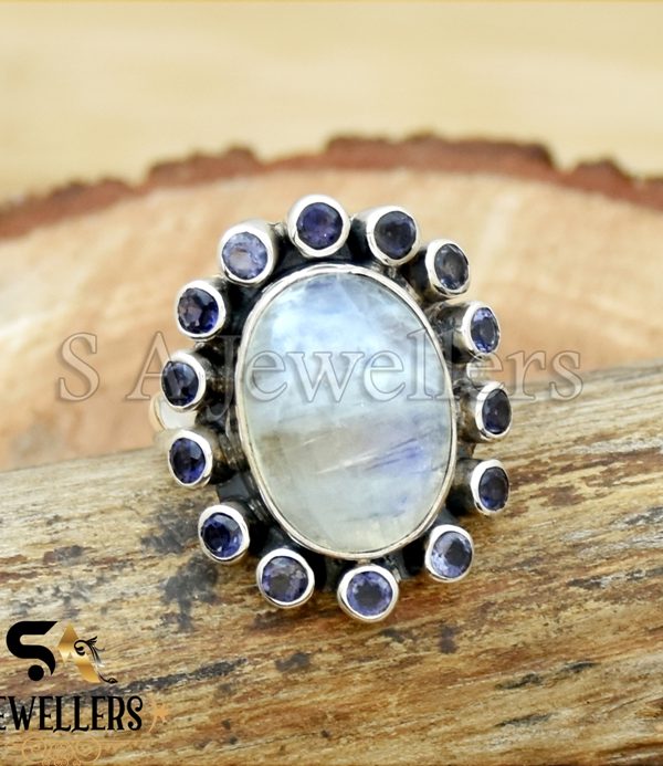 Rainbow Moonstone, Iolite Gemstone 925 Solid Sterling Silver Ring