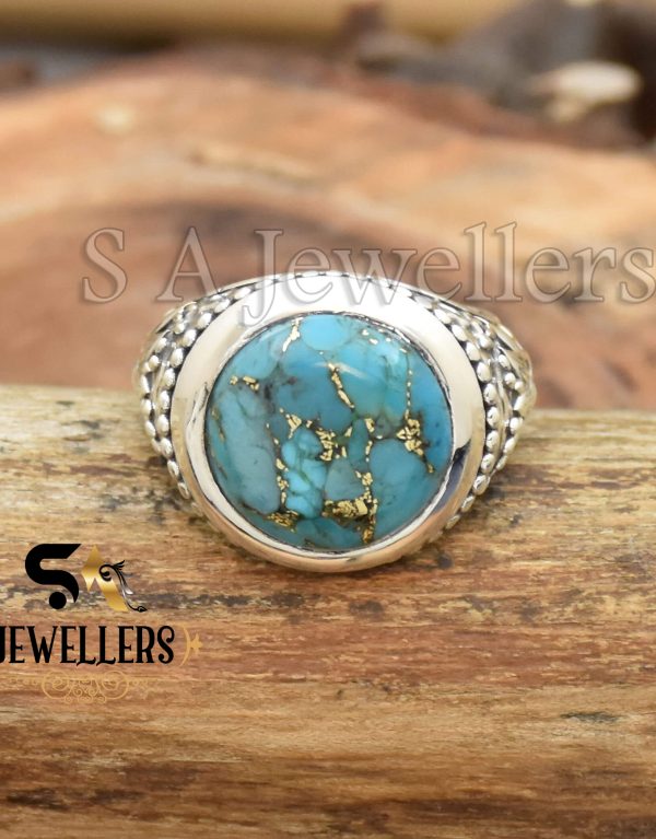 Blue Copper Men's Ring, Textured Ring, 925 Sterling Silver Ring