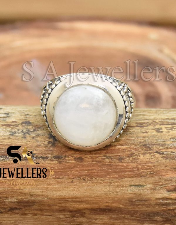 Rainbow Moonstone Men's Ring, Textured Ring, 925 Sterling Silver Ring