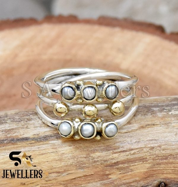 Fresh Water Pearl Ring, 925 Sterling Silver Ring, Brass Ball Ring, Two Tone Ring