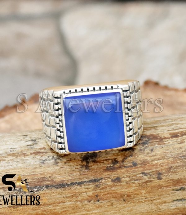 Natural Blue Chalcedony, Men's Ring, 925 Sterling Silver Ring, Gift For Him