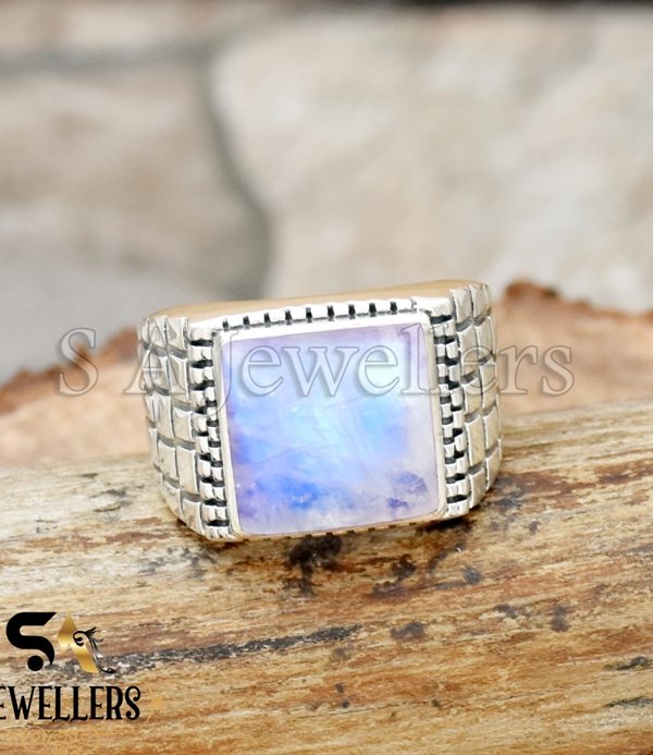 Natural Rainbow Moonstone Ring, Men's Ring, 925 Sterling Silver Ring