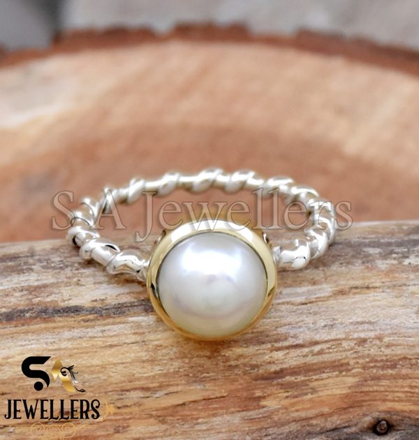 Fresh Water Pearl Ring, 925 Sterling Silver Ring, Twisted Band, Two Tone Ring