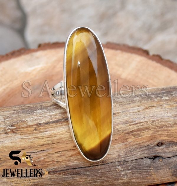 Natural Tiger Eye Ring, 925 Sterling Silver, Big Stone Ring