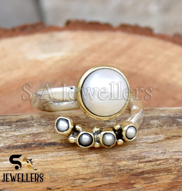 Fresh Water Pearl Ring, 925 Sterling Silver Ring, Tow Tone Ring