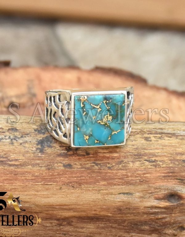 Blue Copper Turquoise Men's Ring, 925 Sterling Silver Ring, Handmade Jewelry