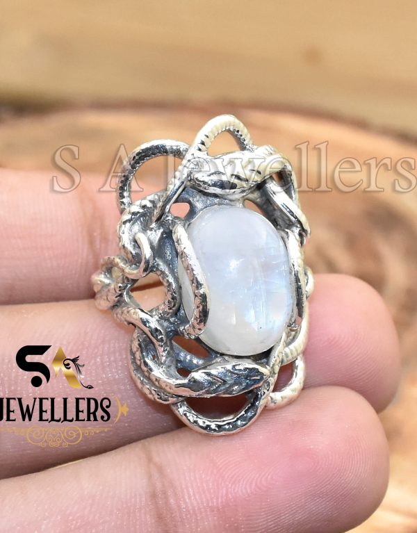 Natural Rainbow Moonstone Ring, Snake ring, 925 Sterling Silver Ring