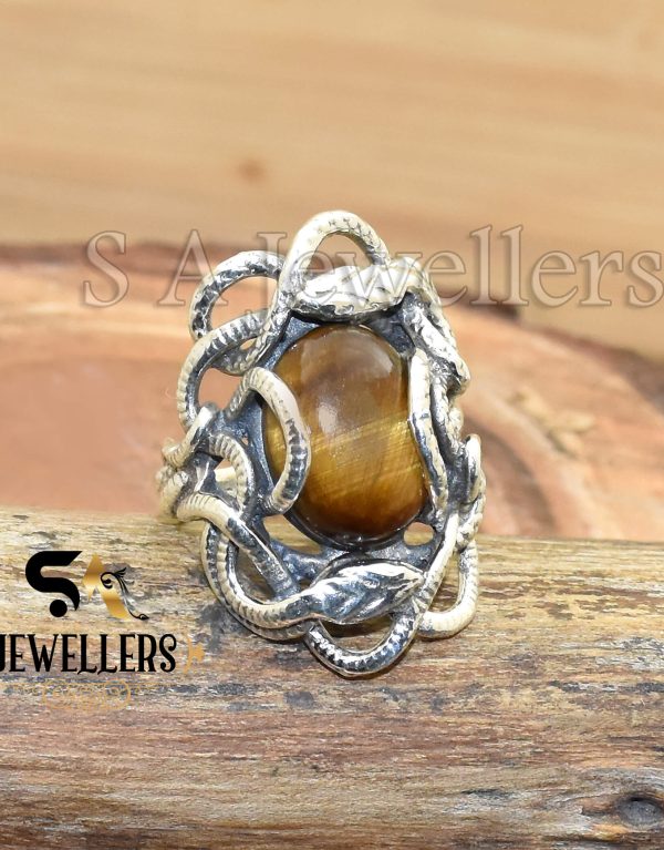 Natural Tiger Eye Ring, Gemstone Snake Ring, 925 Sterling Silver Ring