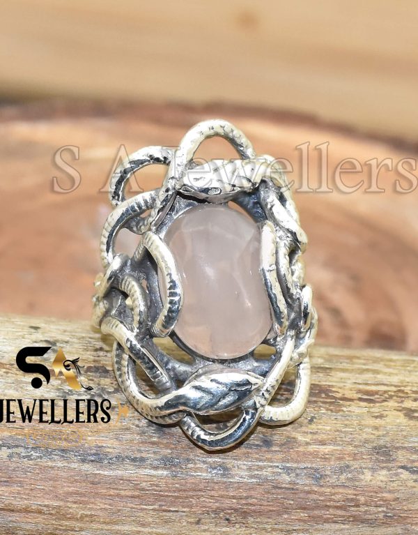 Natural Rose Quartz Ring, 925 Sterling Silver, Pink Gemstone Snake Ring,