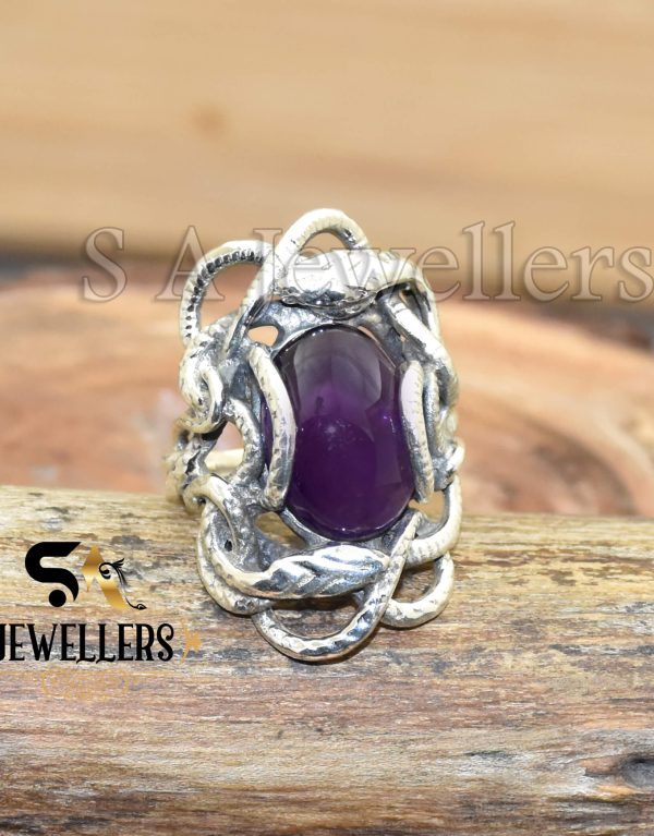 Natural Purple Amethyst Ring, 925 Sterling Silver, Snake Ring