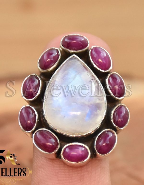 Moonstone Natural Ruby Gemstone Ring, 925 Sterling Silver Ring,