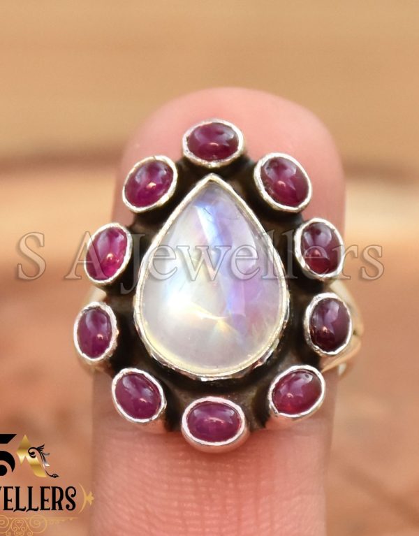 Natural Ruby & Rainbow Moonstone Ring, 925 Sterling Silver Ring,