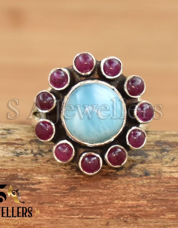 Larimar & Natural Ruby Gemstone Ring, Handmade 925 Sterling Silver Ring